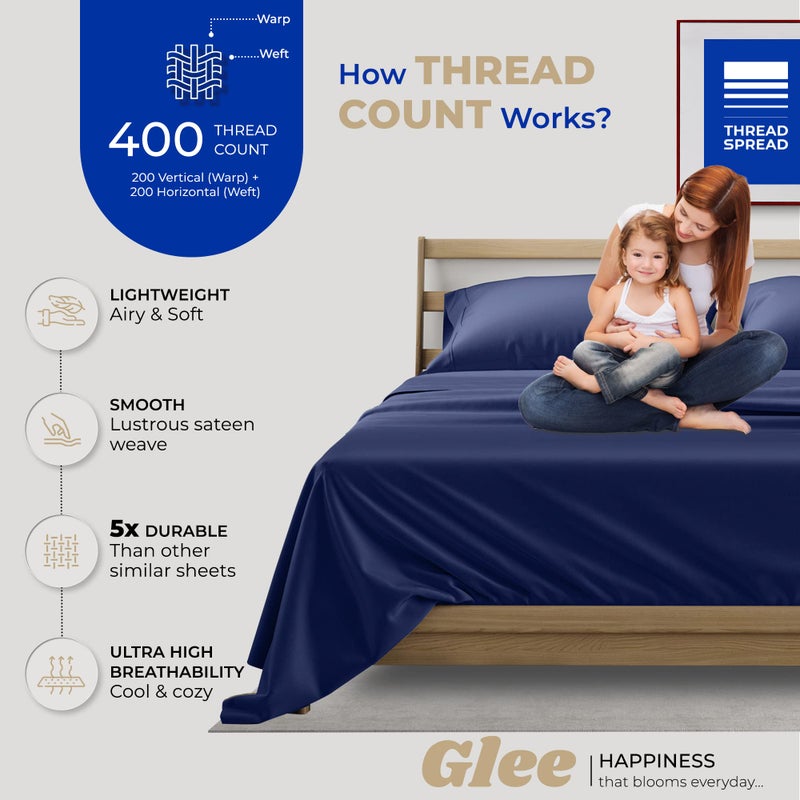 THREAD SPREAD 100% Cotton Sheets Twin Size - 400 Thread Count Cotton Bed Sheets Twin, 3 PC Set (Navy Blue), Luxury Soft, Breathable, Cooling, Sateen Weave 16" Deep Pocket Bedsheet for Dorm Rooms - Image 2
